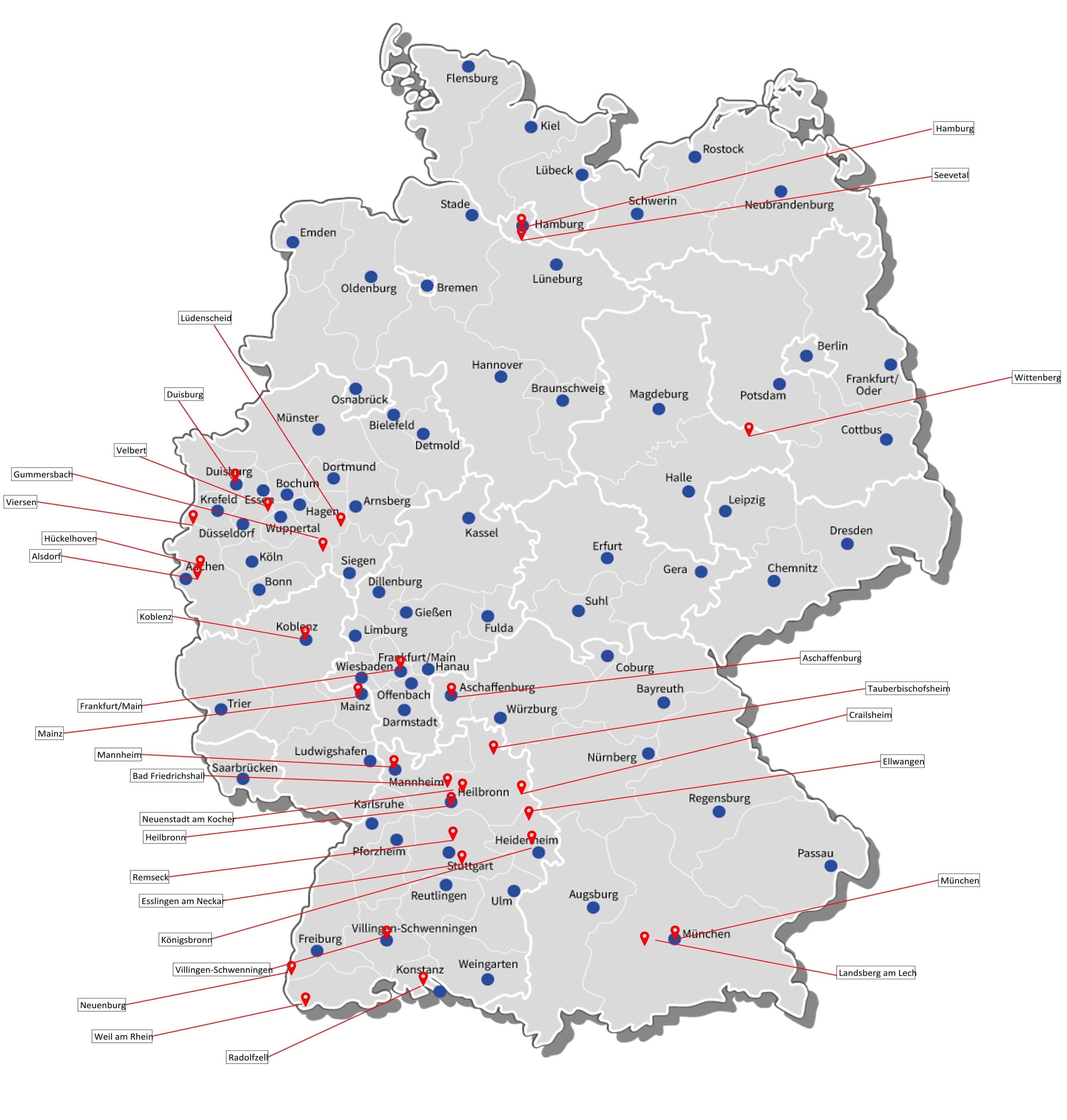 Deutschlandkarte mit den Projektorten von Franke Projekt Service, von Hamburg und Seevetal bis München und Radolfzell