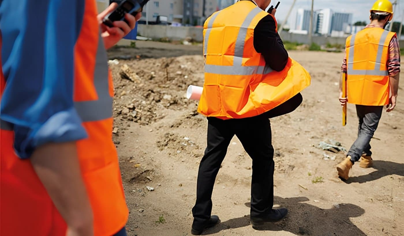 Ingenieure in Warnwesten bei einer Begehung auf der Baustelle