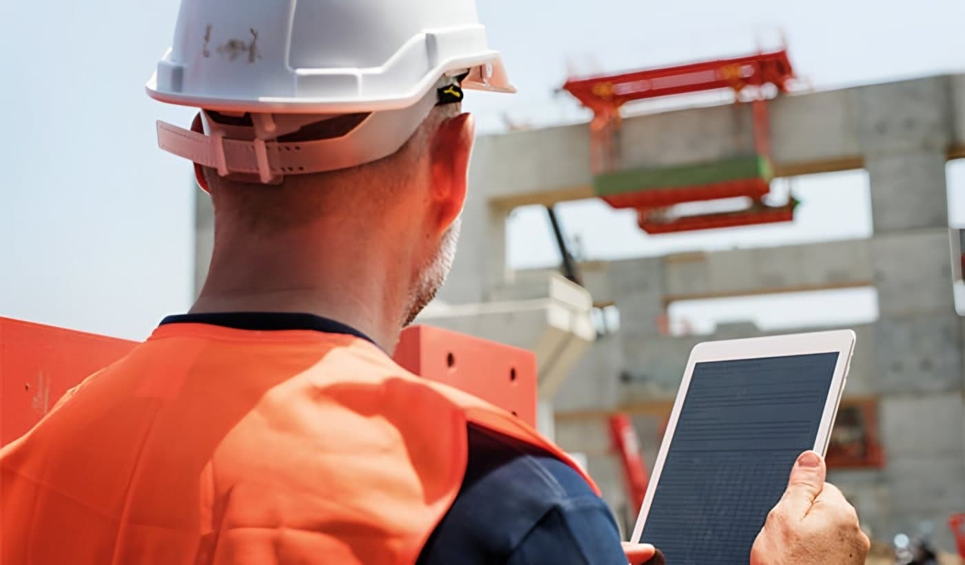 Ingenieur mit Helm dokumentiert ein Bauwerk mit dem Tablet